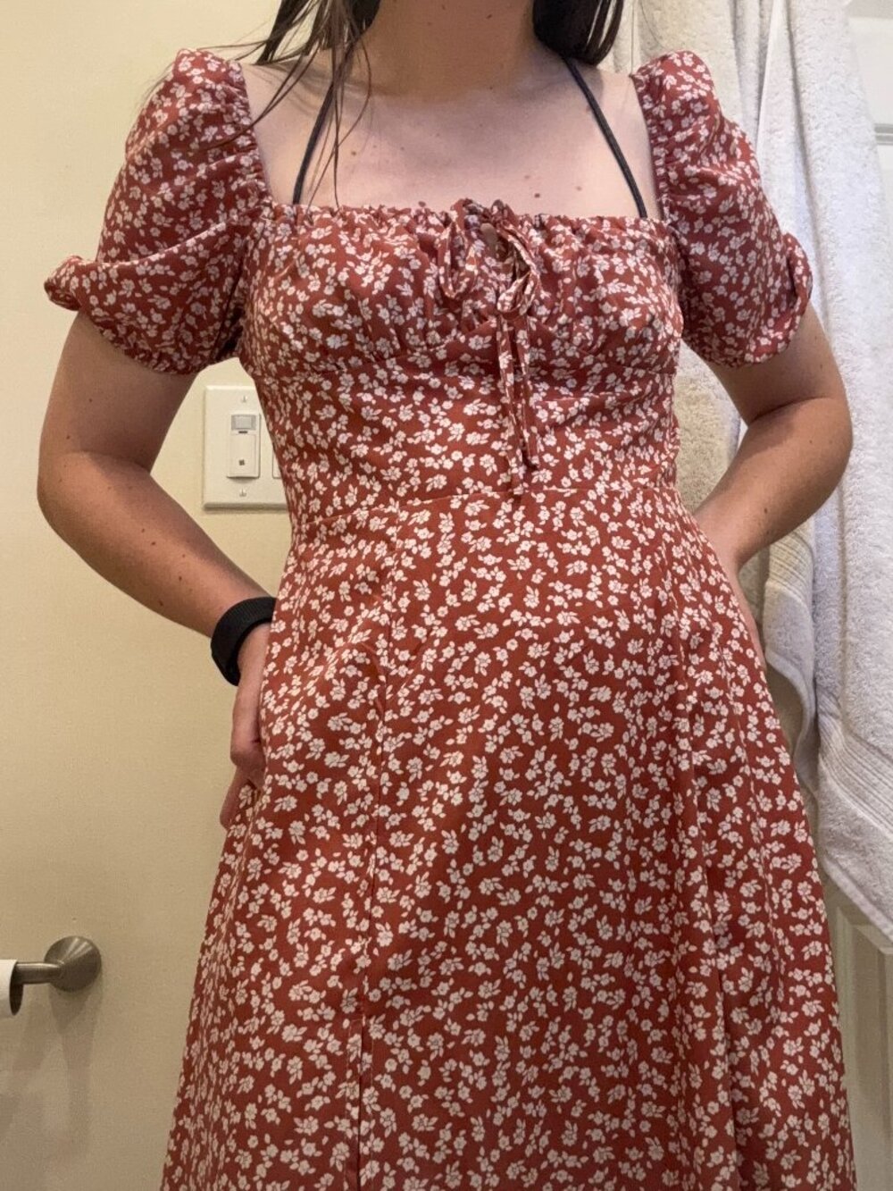 SHEIN Rust Floral Puff-Sleeve Midi Dress